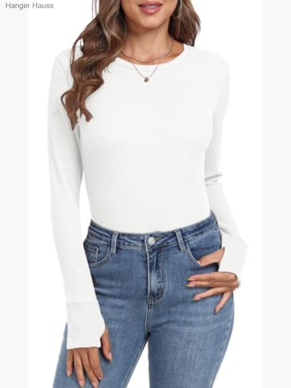 Waffle Knit Long Sleeve Crew Neck Slim Fitted Top with Thumbholes - Picture 5 of 6